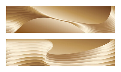 Wavy golden parallel gradient lines, ribbons, silk. Golden with shades of yellow background, banner, poster. Set of 2 backgrounds. Eps vector