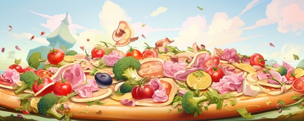 Colorful illustration of fresh pizza on black stone luxury table, banner panorama. Generative Ai.
