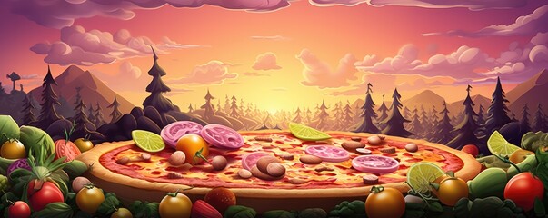 Colorful illustration of fresh pizza on black stone luxury table, banner panorama. Generative Ai. - obrazy, fototapety, plakaty