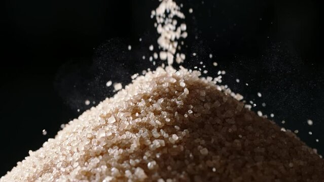 Brown cane sugar is poured into pile. Close up slow motion black background. Maintaining healthy lifestyle necessitates keeping sugar consumption in check to avert obesity diabetes and other ailments.