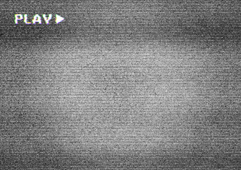 TV screen texture with glitch text PLAY. HDTV no signal problems. Bad TV signal on TV screen Noise of motion background lines. Glitch VHS. Retro play concept. Glitch camera effect.Video rewind texture - obrazy, fototapety, plakaty