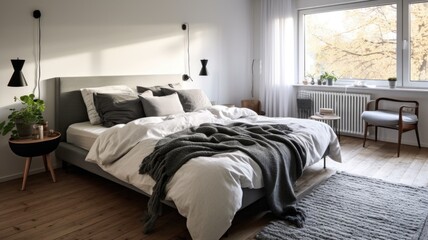 Bedroom decor, home interior design . Scandinavian Modern style with Bed decorated with Wood and Metal material . Generative AI AIG26.
