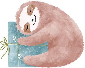 Sleeping sloth hugging gift box illustration. Christmas Hand drawn illustration. Baby animal art - 670691569