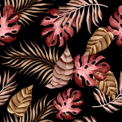 Watercolor leaves pattern, black background, seamless, tropical foliage, golden colors