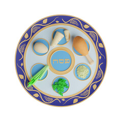 Passover holiday. Passover seder plate with traditional elements. 3d rendering