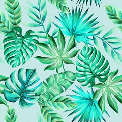 Watercolor leaves pattern, blue background, seamless, tropical foliage