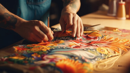 Cultural Artistry Skilled Hands Weaving Traditional Embroidery with Red Thread