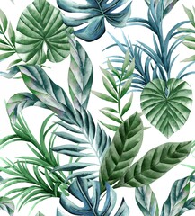 Watercolor leaves pattern,white background, seamless, tropical foliage, green and blue