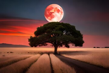 Full blood strawberry moon back cloud and tree in the field and dark red sky