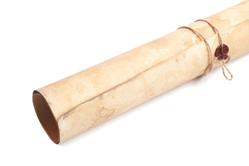 Scroll of vintage paper with sealing wax isolated on white