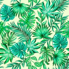 Fototapeta na wymiar Tropical leaves watercolor pattern, foliage seamless, green elements