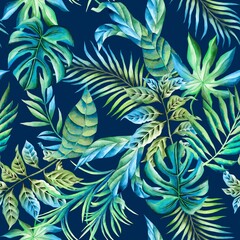 Watercolor leaves pattern, dark blue background, seamless, green foliage