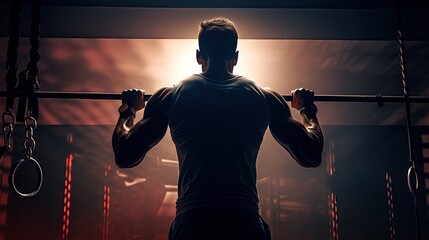 Muscular athlete lifting barbell in dimly lit gym