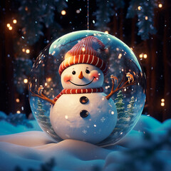 christmas tree ball with snowman inside, snowy winter landscape and christmas trees
