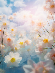 Fototapeta na wymiar Ethereal floating garden, clouds of lilacs and daffodils in a dreamy sky, soft focus and diffused lighting, celestial