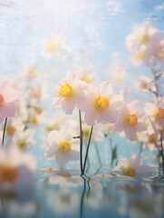 Ethereal floating garden, clouds of lilacs and daffodils in a dreamy sky, soft focus and diffused lighting, celestial