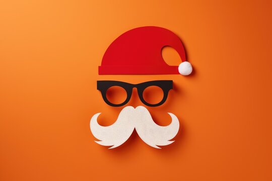 Santa Claus face with eyeglasses and red hat on orange background. Vector style illustration. Generative Ai