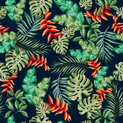 Fototapeta na wymiar Watercolor flowers pattern, red tropical elements, green leaves, black background, seamless, foliage