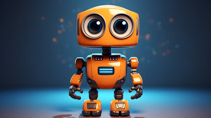 Orange Robot with Big Eyes on Blue Background.