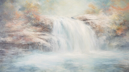Impressionist painting, focus on water textures and light reflections in cascading waterfall, pastel colors, visible brushstrokes