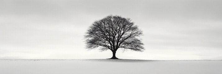 Minimalist black and white, silhouette of a single tree in a snowfield, focus on contrast and negative space, moody