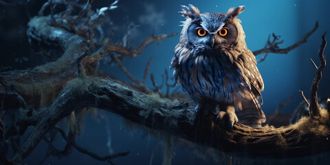 owl perched on a gnarled branch, hyper-detailed feathers and eyes, moonlit, dramatic shadows - obrazy, fototapety, plakaty
