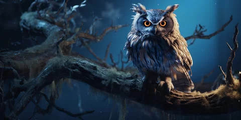 Papier Peint photo Dessins animés de hibou owl perched on a gnarled branch, hyper-detailed feathers and eyes, moonlit, dramatic shadows