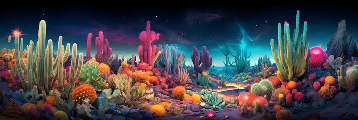 Fototapeta na wymiar Psychedelic desert garden, cacti and succulents melting into fractal patterns, fluorescent colors, eerie luminescence