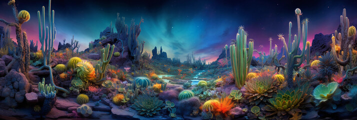Fototapeta na wymiar Psychedelic desert garden, cacti and succulents melting into fractal patterns, fluorescent colors, eerie luminescence