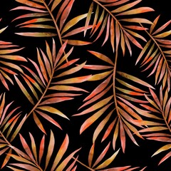 Watercolor leaves pattern, red and yellow foliage, black background, seamless