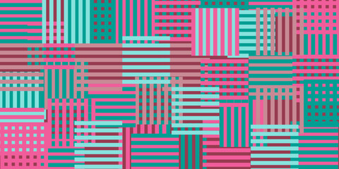 Abstract multicolored pink-blue-red background with striped squares. Bright colorful vector illustration for cards, business, banners