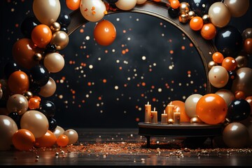 Birthday decoration with burning candles, balloons and confetti on dark background