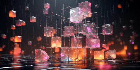3D art, torrential rainfall interacting with geometric shapes, cubes, spheres, and pyramids, iridescent lighting, dramatic shadows