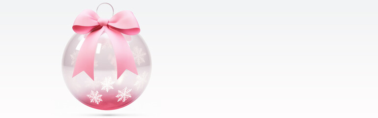 Christmas banner Pink Transparent Decoration ball, Bauble with Pink Ribbon and Bow, Snow Flakes on White Background With copy space. Wide panoramic Header. AI Generated