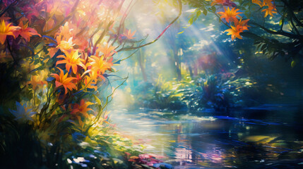 Obraz na płótnie Canvas Abstract impressionism, vivid and swirling colors representing a botanical garden in full bloom, dappled sunlight filtering through the trees, ethereal atmosphere