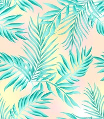 Fototapeta na wymiar Watercolor leaves pattern, blue and green foliage, coloful candy colors background, seamless