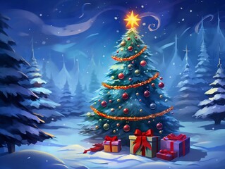Christmas winter tree decorated with decorative balls and gifts with red ribbons and bows as a seasonal symbol of winter celebration and festive new year on a cold snow night, AI generator