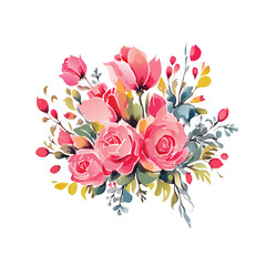 Watercolor wild pink flowers bouquet, isolated. Abstract spring wild flowers, grass, leaf branch, floral leaves in minimal style.