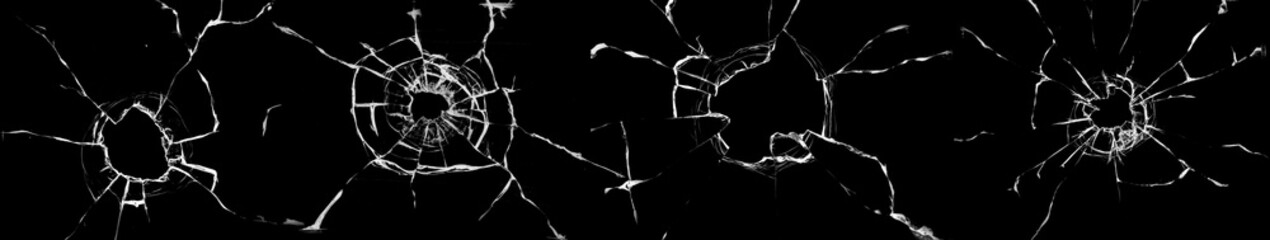 Big collection of cracks of broken glass on black background. Concept of shots on the window for...