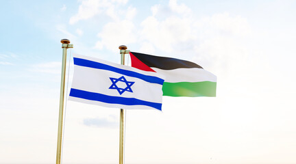 Israel and Palestine flags waving against a blue sky background. 