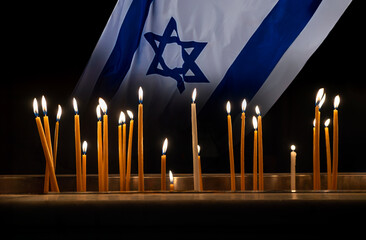Burning candles with Israeli flag. National mourning, tragedy story in military conflict in Israel. Composition with flag of Israel for Memory day, memorial of heroes and victims of war in Middle East - 670694533