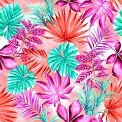 Fototapeta na wymiar Watercolor leaves isolated, green, red and pink tropical elements, orange background