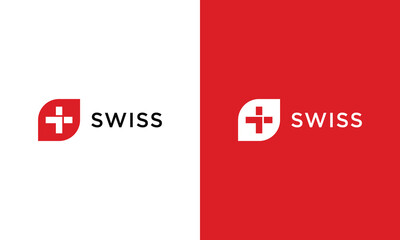 Abstract Swiss flag ribbon logo white and red background. Red cross icon. Swiss flag vector icon.