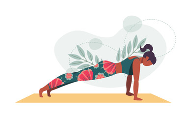 Yoga posture. Girl practising yoga. healthy Lifestyle. Colorful flat vector illustration isolated on a white background. Floral ornaments background.