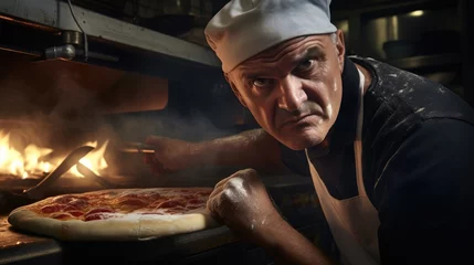 Fotobehang a pizzaiolo’s, his concentration and passion evident as he meticulously adds toppings to a pizza  © cristian