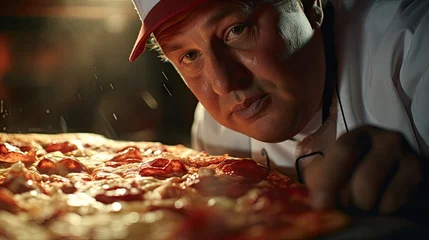 Fotobehang a pizzaiolo’s, his concentration and passion evident as he meticulously adds toppings to a pizza  © cristian
