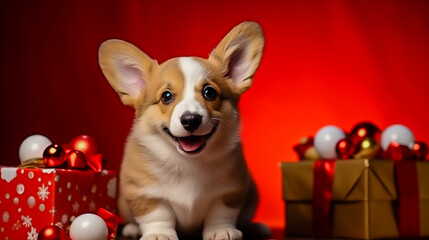 a corgi dog in a Santa hat on a red background in the studio with New Year's gifts. Space for text, banner