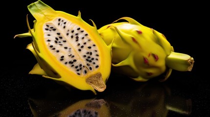 Dragon fruit isolated on black background. Closeup of pitahaya. Exotic Fruit Concept With Copy Space