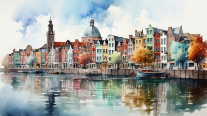 Fototapeta na wymiar An Amsterdam illustration in colorful watercolor paints, isolated on a white background