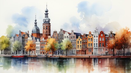An Amsterdam illustration in colorful watercolor paints, isolated on a white background - obrazy, fototapety, plakaty